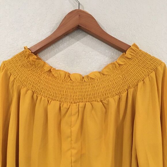 NEW andthewhy Women Sz M Blouse Yellow Mustard Long Sleeve Off The Shoulder Boho - Picture 3 of 12